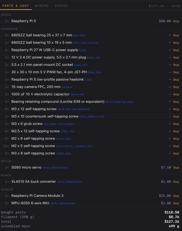 The gimbal's bill of materials in the Studio: parts grouped by board, hardware, motor, power and sensor, each priced with a buy link — $127.26 and 499 g all in