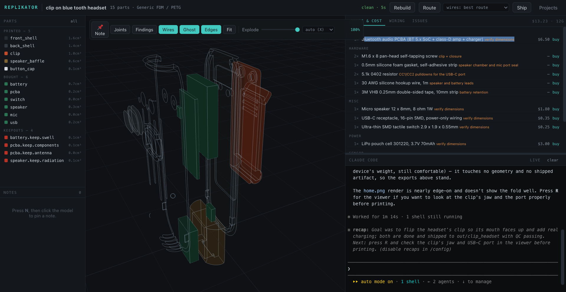 The HEPH-3D Studio: a machine exploded along its parting axis, its bill of materials priced, and Claude Code live in the same window